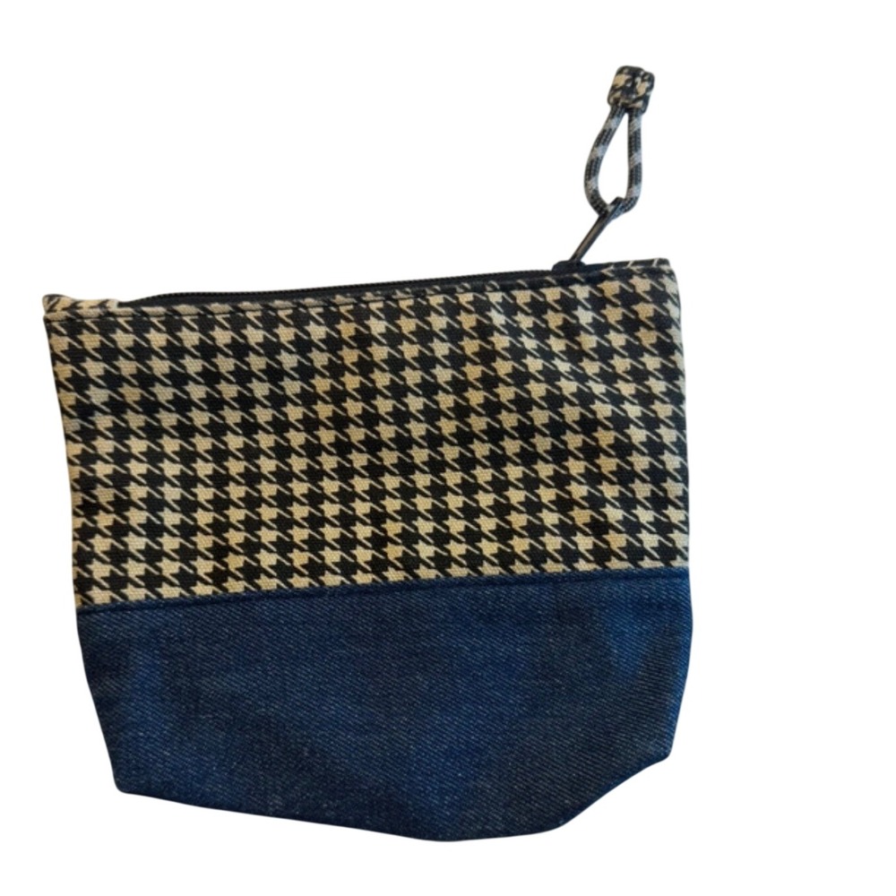 KAVU Pixie Pouch Houndstooth and Denim Accessory Makeup Bag Black Tan Blue - Picture 3 of 4
